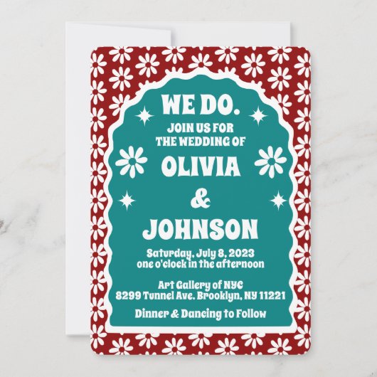 ウードレッドモダンティール(緑がかった色)はっきりしたレトロボホデイジー 招待状 (正面)