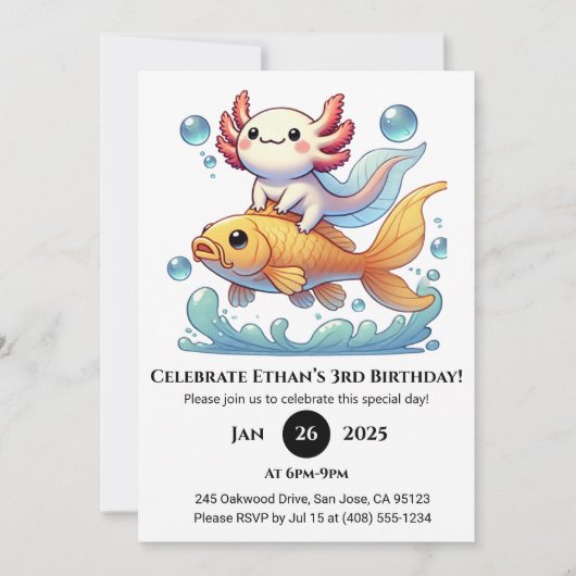 ウーパールーパーに乗られた金魚の誕生日 招待状 (正面)
