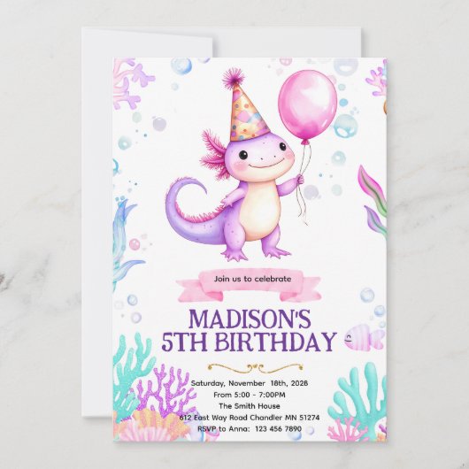 ウーパールーパーの誕生日パーティーの招待状 招待状 (正面)
