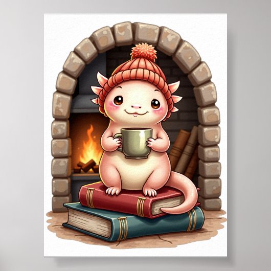 ウーパールーパー コーヒー中毒 かわいい - おこもり読書コーナー D ポスター (正面)