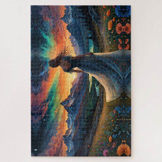 ウーマンアットサンライズフローラフィールドの上のマウンテンレイク ジグソーパズル (縦)