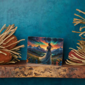 ウーマンアットサンライズフローラフィールドの上のマウンテンレイク フォトプラーク (側面)