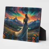 ウーマンアットサンライズフローラフィールドの上のマウンテンレイク フォトプラーク (側面)