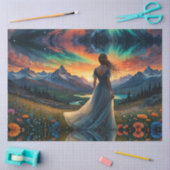 ウーマンアットサンライズフローラフィールドの上のマウンテンレイク 薄葉紙 (クラフト)