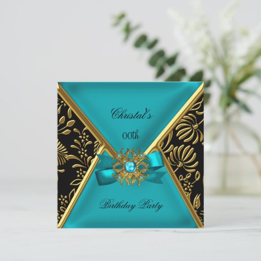 ウーマンズバースデーパーティー金ゴールドティール(緑がかった色)ブラック金ゴールドダマスク 招待状 (スタンド正面)