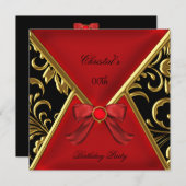 ウーマンズバースデーパーティー金ゴールドレッドブラック金ゴールドダマスク 招待状 (正面/裏面)