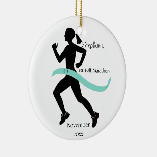 ウーマンハーフマラソンランナーオーナメントティール（緑がかった色） セラミックオーナメント (右)