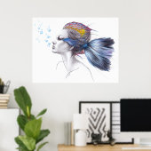 ウーマンフィッシュマーメイドポートレートシュールスケッチアート ポスター (ホームオフィス)