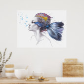 ウーマンフィッシュマーメイドポートレートシュールスケッチアート ポスター (キッチン)