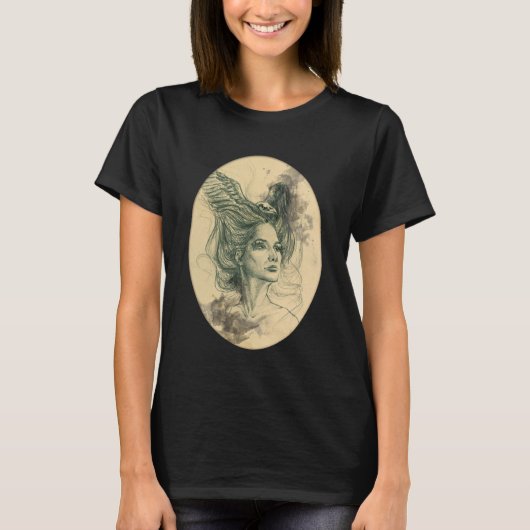 ウーマンポートレートバードスカルとウィングスサーレアルアート Tシャツ (正面)