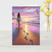 ウーマン歩くAサンセットビーチ カード (黄色い花)