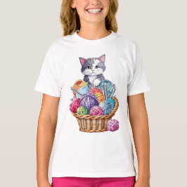 ウールの編み物バスケットの子猫 Tシャツ