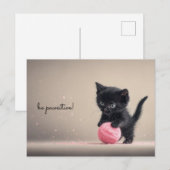 ウールの遊ピンクボールとブラックキッテン ポストカード (正面/裏面)