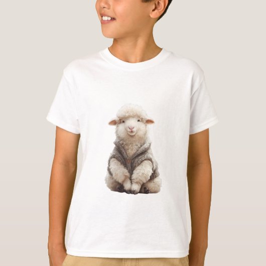 ウールカーディガンを着たふわふわの羊の子供服 Tシャツ (正面)