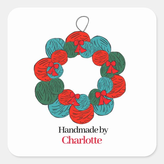 ウールボールポンポンクリスマスリース手作り スクエアシール (正面)