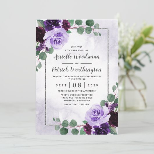 エアイエレガントボホフローラパープルとシルバー結婚ズ 招待状 (スタンド正面)