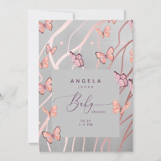 エアシルバーの赤ちゃんシャワーに蝶 招待状 (正面)