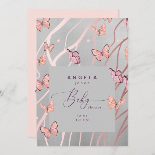 エアシルバーの赤ちゃんシャワーに蝶 招待状 (正面/裏面)