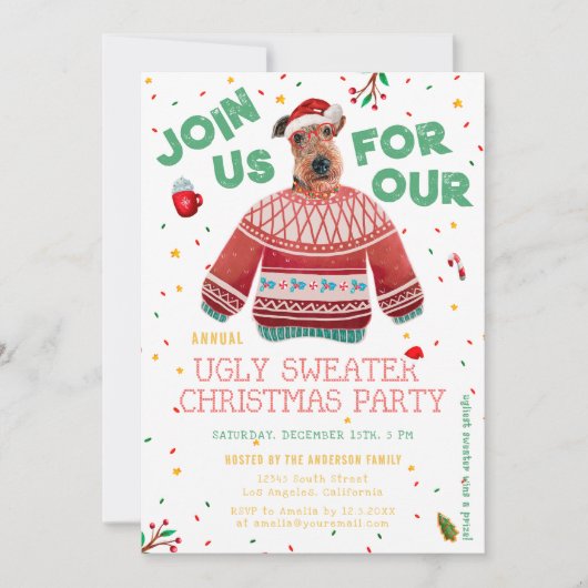 エアデイル・テリアの面白いダサいクリスマススウェーターのパーティー 招待状 (正面)
