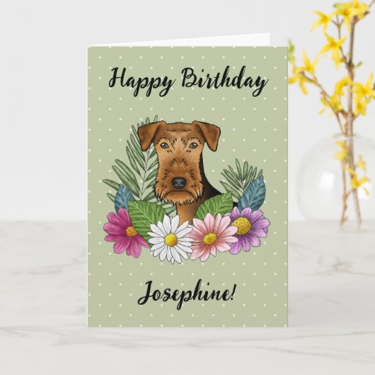 エアデールテリアカラフルフローラハッピーバースデー カード (黄色い花)