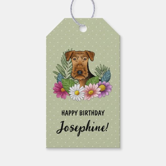 エアデールテリアカラフルーフラワーズ誕生日グリーン ギフトタグ (正面)