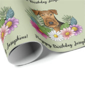 エアデールテリアカラフルーフラワーズ誕生日グリーン ラッピングペーパー (ロールコーナー)