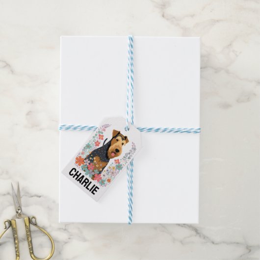 エアデールテリアードッグ名前をカスタムするキュイパーソナライズされたー ギフトタグ (より糸付き)