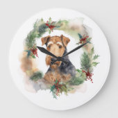 エアデール・クリスマスリースの祝祭の子犬  ラージ壁時計 (正面)