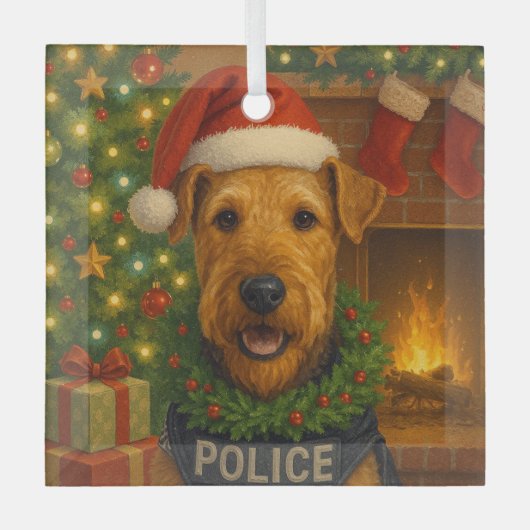 エアデール・テリアのクリスマス ガラスオーナメント (正面)
