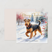 エアデール・テリアの犬 冬の雪のクリスマス シーズンカード (正面/裏面)