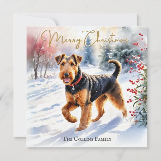 エアデール・テリアの犬 冬の雪のクリスマス シーズンカード (正面)