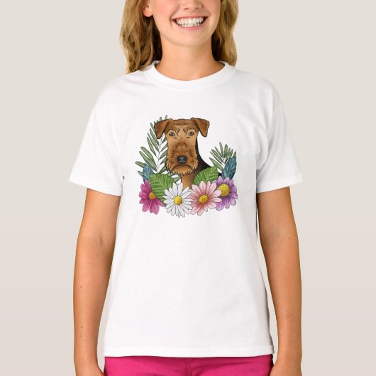 エアデール・テリアの頭と花柄の自然な花 Tシャツ (正面)
