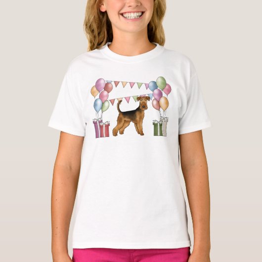 エアデール・テリア カートゥーン 犬 カラフル 誕生日 Tシャツ (正面)