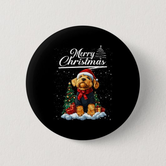 エアデール・テリア クリスマス サンタ 帽子 犬 缶バッジ (正面)
