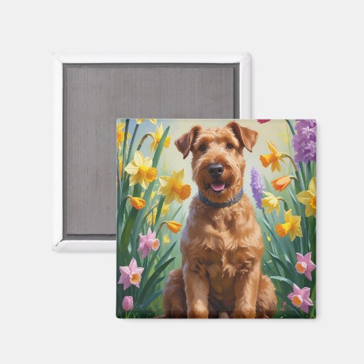 エアデール・テリア 春の花 絵画 マグネット (正面/裏面)