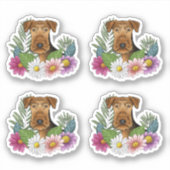 エアデール・テリア 犬の頭のカラフルな夏の花 シール (正面)