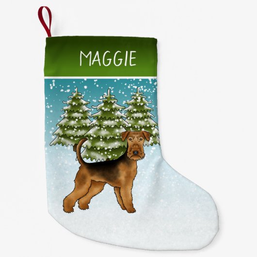 エアデール・テリア 雪の森 名前入り スモールクリスマスストッキング (正面)