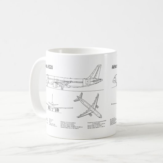 エアバスA320 – 飛行機の設計図スケッチ計画BD コーヒーマグカップ (正面左)