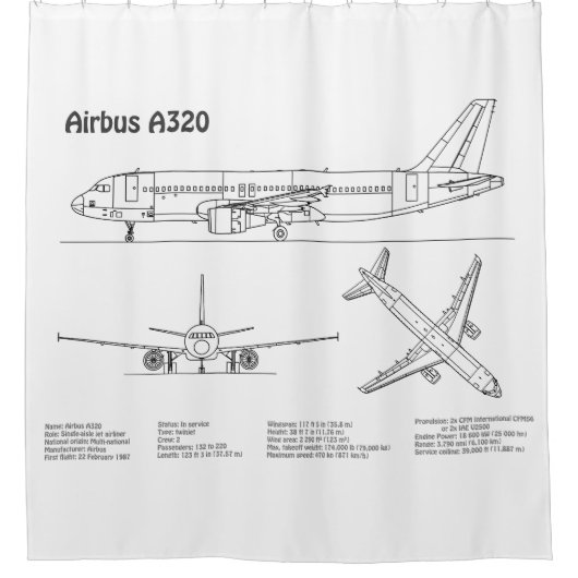 エアバスA320 – 飛行機の設計図スケッチ計画BD シャワーカーテン (正面)