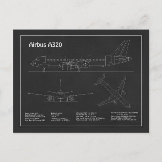 エアバスA320 – 飛行機設計図スケッチ計画PD ポストカード (正面)