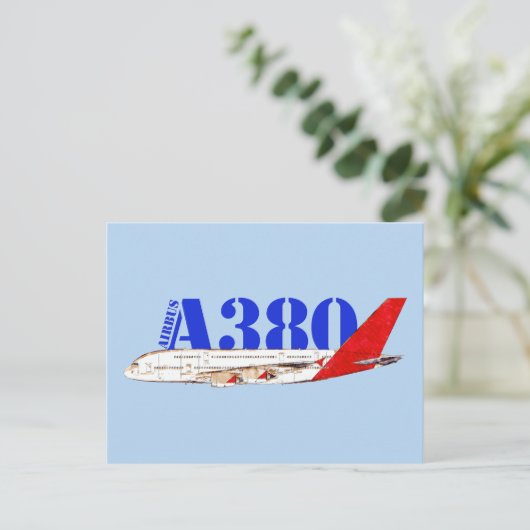 エアバスA380イラストレーション(赤いはっきりしたテールデザイン) ポストカード (スタンド正面)