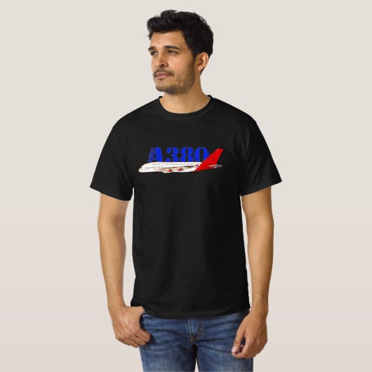 エアバスA380イラストレーション(赤いはっきりしたテールデザイン) Tシャツ (正面フル)