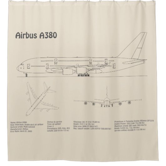 エアバスa380 – 飛行機の設計図スケッチ計画SD シャワーカーテン (正面)