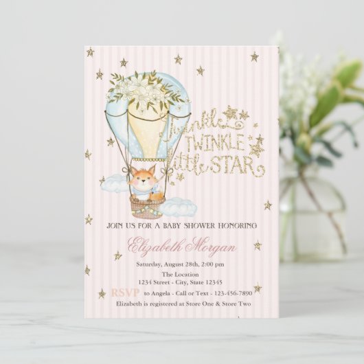 エアバルーン、キツネ、グリッタースターストライプのベビーシャワー 招待状 (スタンド正面)