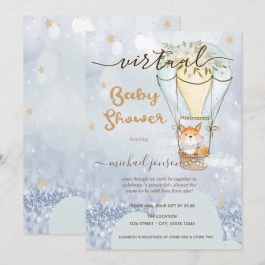 エアバルーン フォックス スターズ ボケ 仮想ベイビーシャワー 招待状 (正面/裏面)