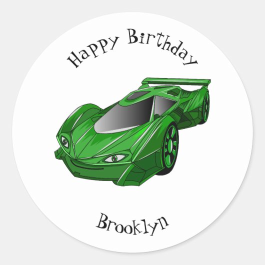 エアフォイル付きグリーンスポーツカーイラストレーション ラウンドシール (正面)