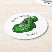 エアフォイル付きグリーンスポーツカーイラストレーション ラウンドペーパーコースター (アングル)