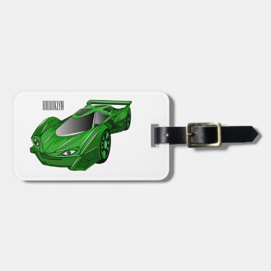 エアフォイル付きグリーンスポーツカーイラストレーション ラゲッジタグ (正面横)