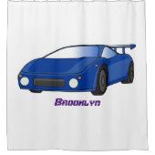 エアフォイル付きブルースポーツカーイラストレーション シャワーカーテン (正面)