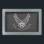 エアフォースのロゴ – 黒 長方形ベルトバックル<br><div class="desc">このデザインは、印象的な青い背景に対して設定された象徴的な空軍のロゴを特徴とする。その清浄で愛国的な外観は、州空軍の名誉、プライド、伝統を体現し統一された、軍隊サービスのサポートと感謝を示すのに理想的である。</div>